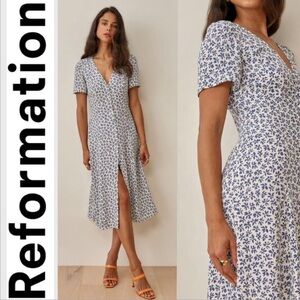 Reformation Floral Blue and White Midi Dress